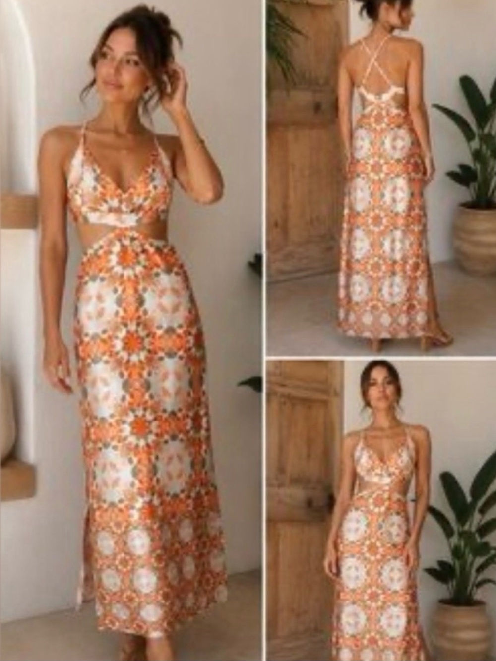 New House Of Harlow Orange Floral Satin Cutout Maxi Dress - Picture 4 of 7